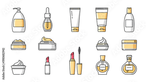 Set of diverse cosmetic and skincare product icons including lotions, creams, perfume, and makeup in gold and white tones.