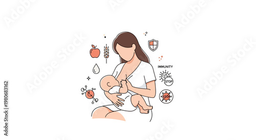 A mother breastfeeding her newborn baby with health icons.