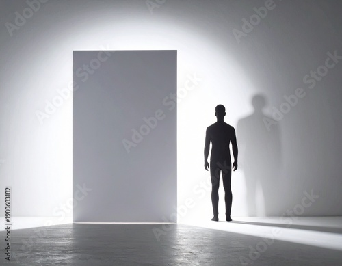 A lone silhouette stands at the edge of a brilliantly illuminated rectangular portal, symbolizing a pivotal moment of choice, personal transformation, and stepping into an unknown future