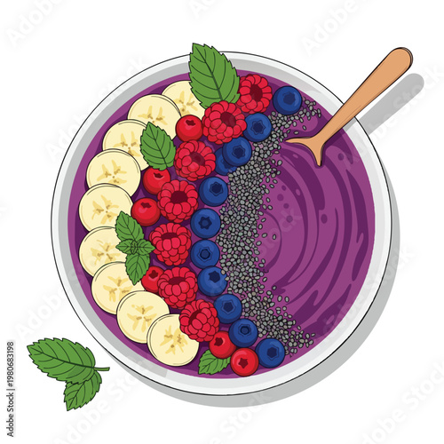 Healthy Berry Smoothie Bowl with Fresh Fruits and Mint Garnish