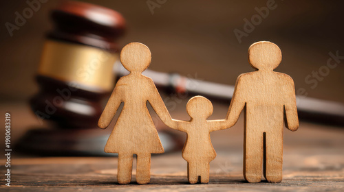 Wooden figures of two adults and a child holding hands placed in front of a blurred judge gavel, representing family law, custody, and legal decisions involving parents and children