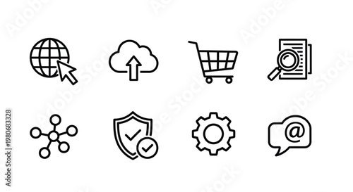 A collection of simple black and white icons representing different objects and concepts Vector