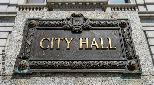 Vintage bronze City Hall sign on stone building facade, ornate metal plaque for municipal government office, classical architecture and civic authority