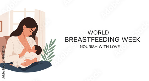 A tender illustration of a mother breastfeeding her newborn baby.