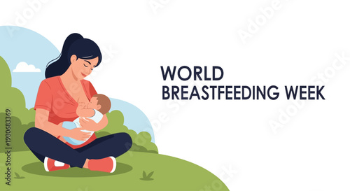 A mother breastfeeding her newborn baby in a peaceful outdoor setting.