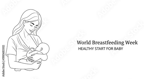 Line art illustration of a mother breastfeeding her baby for World Breastfeeding Week.