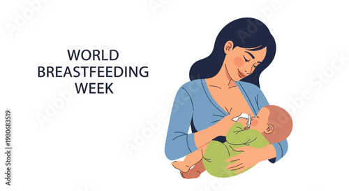 Illustration of a mother breastfeeding her newborn baby for World Breastfeeding Week.