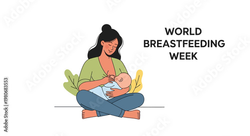 Illustration of a mother breastfeeding her newborn baby for World Breastfeeding Week.