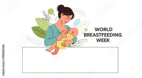 Illustration of a mother breastfeeding her newborn baby for World Breastfeeding Week.