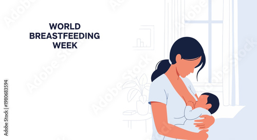 A mother breastfeeding her newborn baby in a flat illustration style.