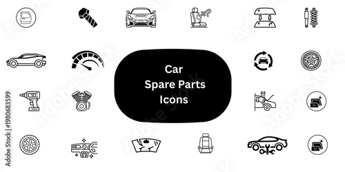Modern Car Spare Parts Icon Set – Minimalist Automotive Component Illustrations for Garage Branding and Vehicle Maintenance Services