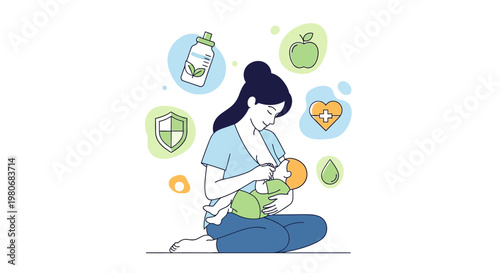 A mother breastfeeding her newborn baby with health and wellness icons surrounding them.