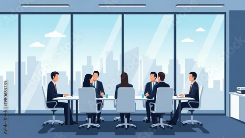 Business people meeting in a modern conference room with a city skyline view. Corporate discussion and teamwork. Professional collaboration at the office. Flat design illustration