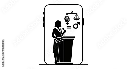 Silhouette of a woman speaking at a podium about gender equality.