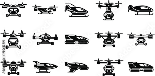 Futuristic passenger drone and flying car line art vector