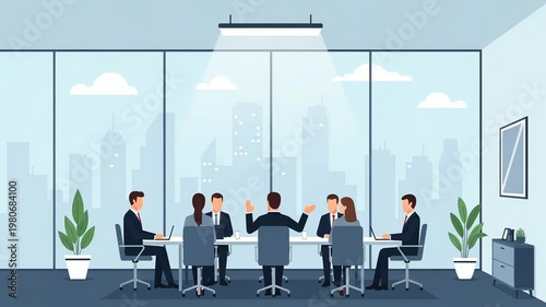 Business professionals having a meeting in a modern office with large windows overlooking a city skyline. Corporate teamwork and strategic discussion. Animated flat illustration style