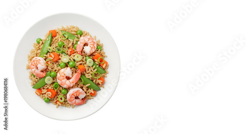 Colorful Shrimp Pasta Bowl with Snow Peas Carrots and Green Onion