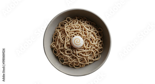 Bowl of Nutty Tan Noodles with Small White Marbled Egg on Top
