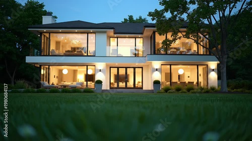 A luxurious modern house glows warmly against a twilight sky, framed by lush green grass and trees, creating a serene and inviting scene.