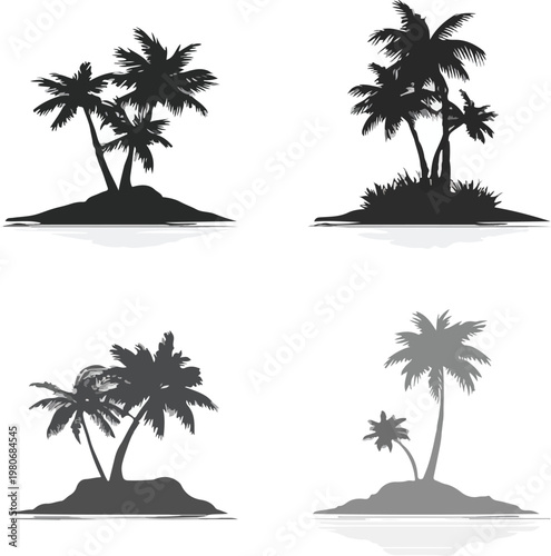 Palm trees on a tropical beach with ocean and sunset sky silhouette of paradise island landscape