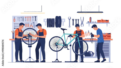 Bicycle Workshop: Skilled individuals diligently repair and maintain bicycles within a well-equipped workshop, embodying dedication, precision, and a passion for cycling.