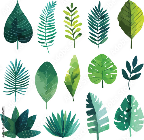 Seamless pattern of green leaves in a natural floral design set