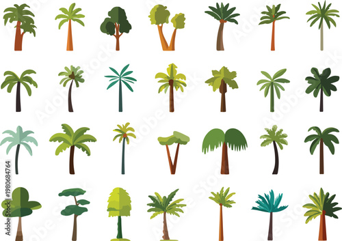 Set of tropical palm tree silhouettes with leaves and branches in a simple nature illustration collection