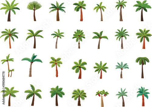 A simple illustration of green palm trees and leafy plants in a tropical style isolated on a clean white background