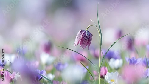 Snake s head fritillary blooming in spring field. Rare purple flower with checkered pattern growing in meadow among crocuses. Nature botanical growth sequence.