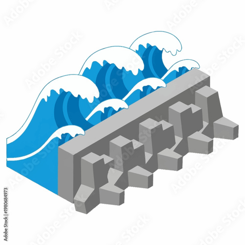 Tsunami wave crashing over sea wall.