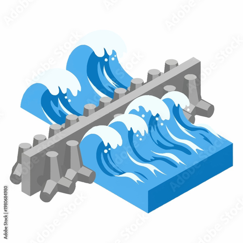 Waves crashing on a breakwater structure.