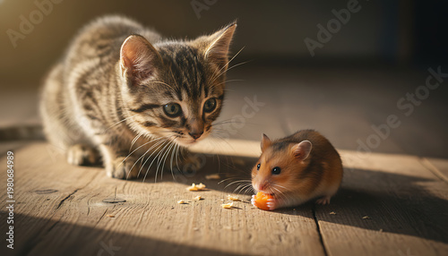 Kitten watching a cute hamster eating