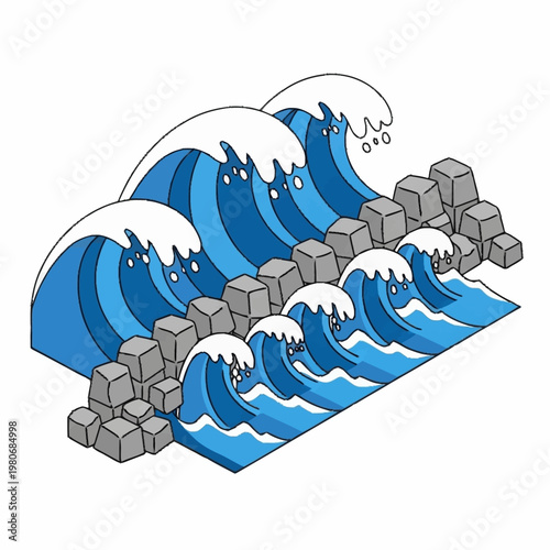 Ocean waves crashing against concrete blocks.