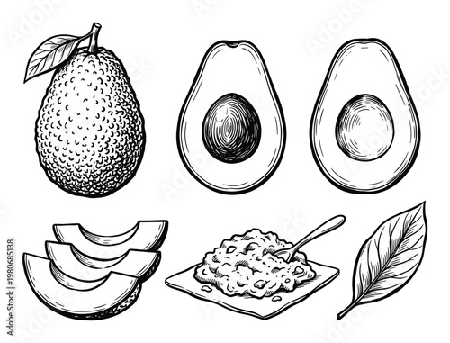 Avocado set featuring whole pebbled skin fruit half with pit slices mashed guacamole and green leaf