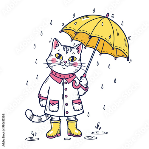Cute Cat Wearing Raincoat and Boots Holding Umbrella in Rainy Weather