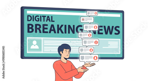 Man interacts with digital breaking news on social media via mobile communication device.