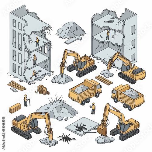 Demolition site with heavy machinery.