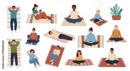 Top View Minimalist Flat Vector Park Scene: Diverse People Relaxing and Picnic on Mats 