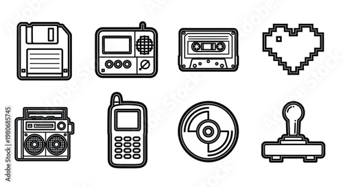A collection of vintage and modern electronic devices displayed together Vector