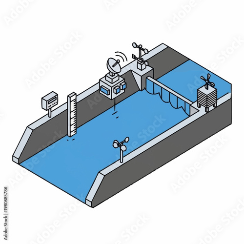Isometric illustration of a hydroelectric dam.