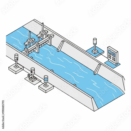 Isometric illustration of industrial water treatment system.