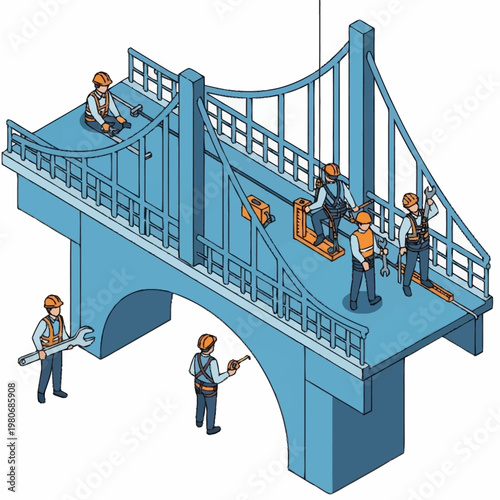 Workers repairing a blue suspension bridge.