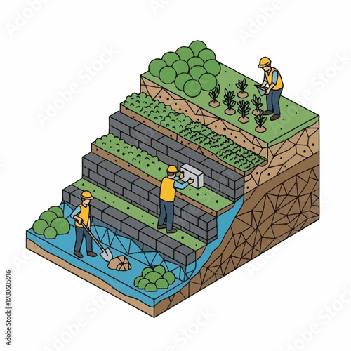 Isometric illustration of workers building retaining wall.