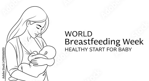 Line art illustration of a mother breastfeeding her newborn baby for World Breastfeeding Week.