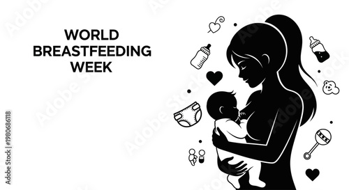 Silhouette illustration of a mother breastfeeding her baby for World Breastfeeding Week.