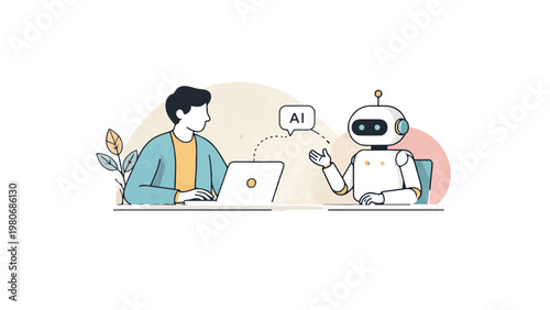 Minimal AI Interaction Concept with Human and Robot Flat Illustration
