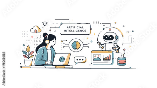Artificial Intelligence Concept with Female Developer and Robot Assistant Flat Illustration
