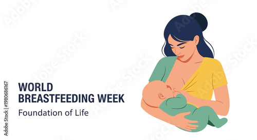 A mother breastfeeding her newborn baby flat vector illustration.