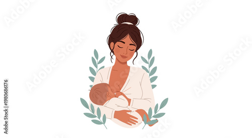 A tender illustration of a mother breastfeeding her newborn baby with floral elements.