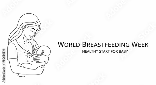 World Breastfeeding Week line art illustration of mother holding newborn baby.